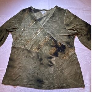 Avenue Womens Plus 18/20 Olive Green Tie Dye Sequin Embellished V-Neck Top Boho